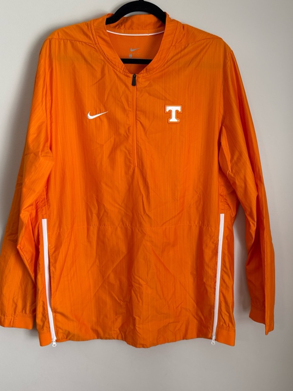 Nike Men’s Orange Pullover Windbreaker with White T and Swoosh